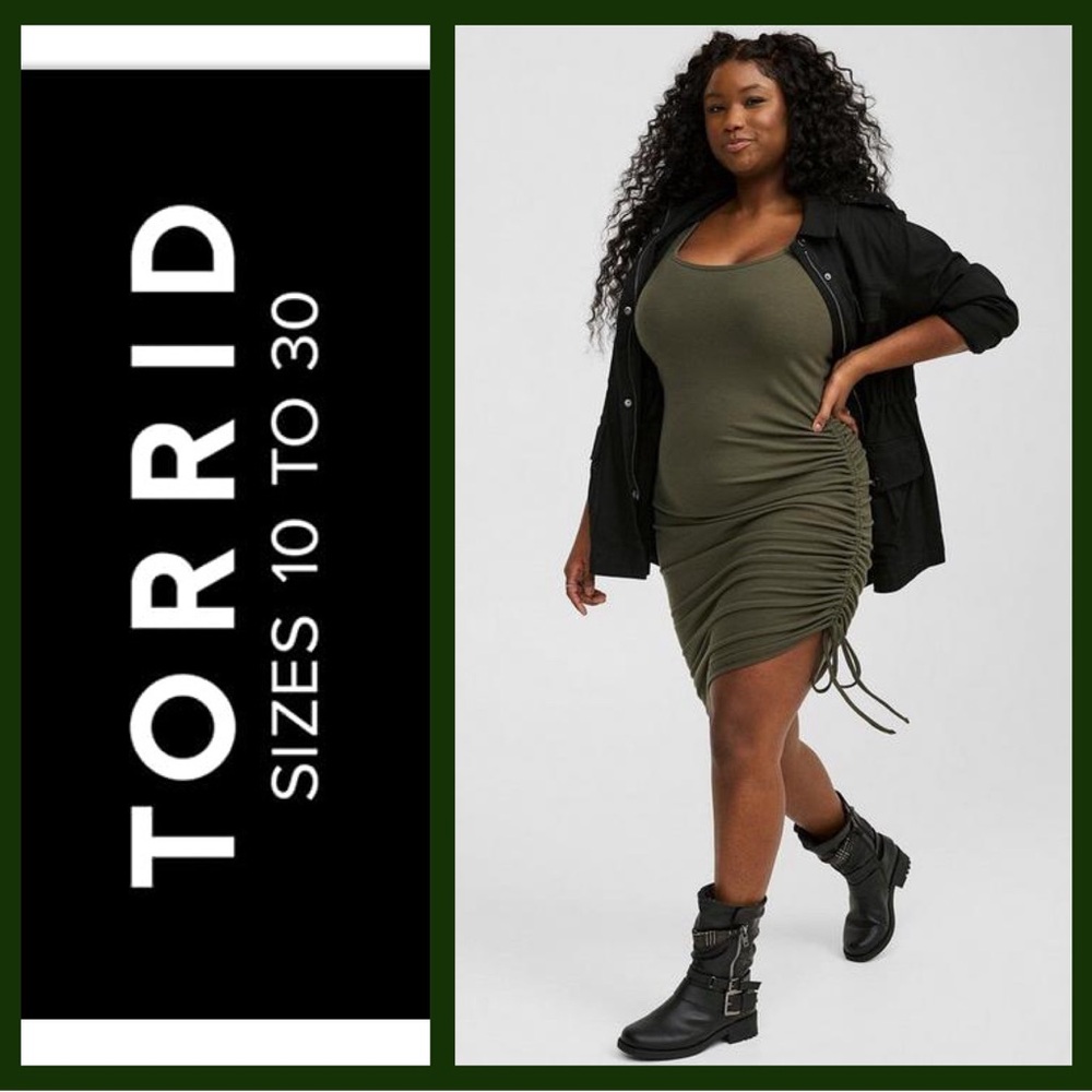 Torrid Olive Green Cinched Dress Ruched Scoop Neck NWT $66 - Picture 5 of 9